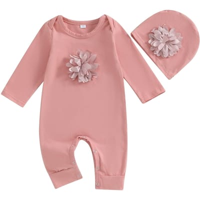 VISgogo 2 pièces Barboteuses pour Nouveau-né Printemps Automne Vêtements pour Bébé Fille Combinaison Jumpsuit Overall en Mélange de Coton Floral + Chapeau Ensemble pour 0-18 mois 6-12 Months rose
