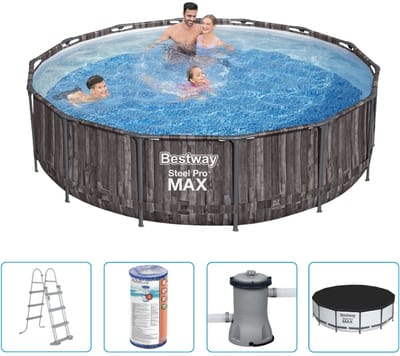 Bestway Steel Pro MAX Zwembad - 427x107 cm - Houtprint - Rond - Met filterpomp + accessoires - Zwembad - Filterpomp - Zwembadtrap - Afdekzeil - Houtprint