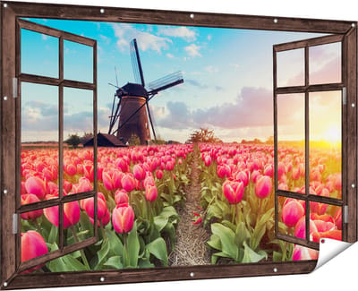 Gards Tuinposter Doorkijk Roze Tulpen Bloemenveld - met Windmolen - 180x120 cm - Tuindoek - Tuindecoratie - Wanddecoratie buiten - Tuinschilderij