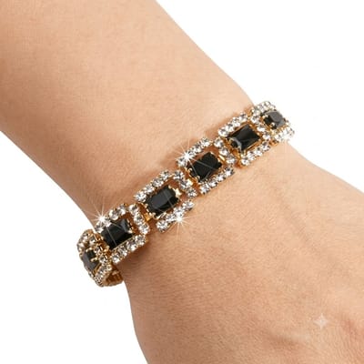 Zwart goudkleurig tennis armband dames met rechthoekige zwarte stenen luxe schakel armband met strass details geometrische statement armband elegant sieraden