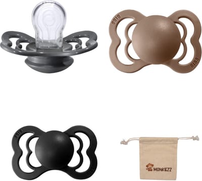 BIBS Supreme Fopspenen - Maat 1 0-6 maanden - Silicone - Dark Oak – Iron – Black + Monkiezz speenzakje