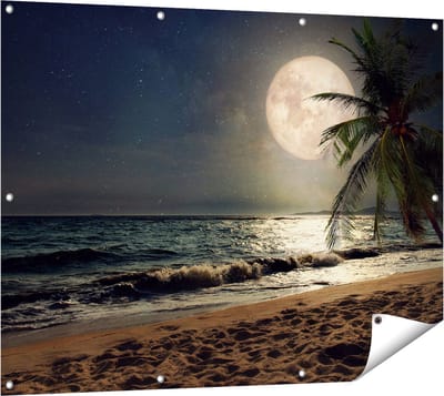 Gards Tuinposter Tropisch Strand in de Nacht met Volle Maan - 120x90 cm - Tuindoek - Tuindecoratie - Wanddecoratie buiten - Tuinschilderij