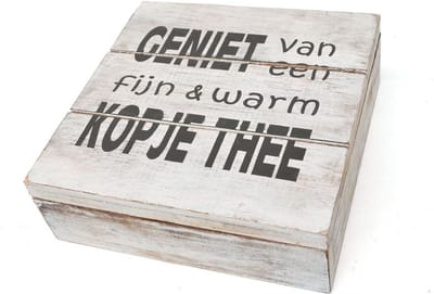 Theedoos 'Geniet' 18x18 cm antique white