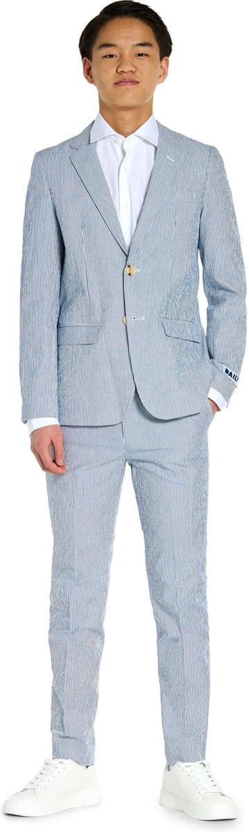 OppoSuits Daily Seer Sucker - Casual Tiener Pak - Voor Bruiloften, Schoolfeesten en Casual Chic - Inclusief Pantalon en Blazer - Blauw - Maat: EU 158/164 - 14 Jaar