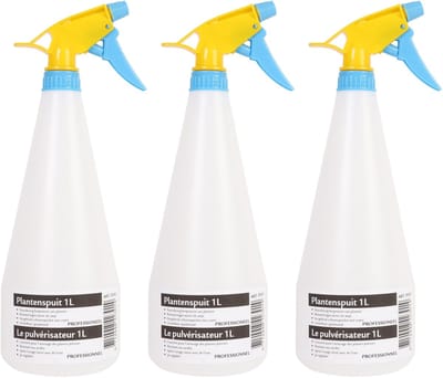 5x Plantenspuiten/waterspuiten 1 liter transparant/geel/blauw - Waterverstuivers/watersproeiers - Desinfectiespray houder - Plantenverzorging