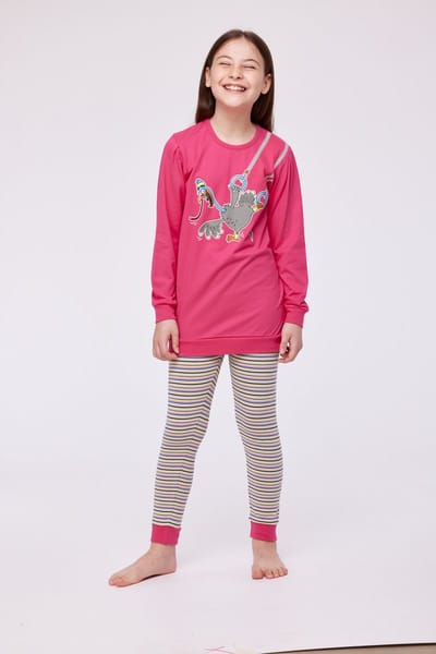 Woody pyjama meisjes - kalkoen - fuchsia - 232-10-POP-S/388 - maat 176