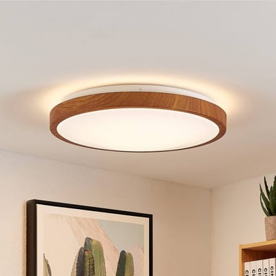Lindby LED plafondlamp Mynte, Ø42cm, houtlook, kunststof