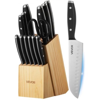 VEVOR Keukenmessenset met messenblok (hout) en slijpstaal, 15-delige messenset, messen van hoogwaardig roestvrij staal met hoog koolstofgehalte, keukengerei met ergonomische handgrepen en keukenschaar voor thuiskoks