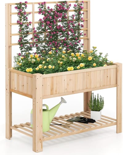 KOMFOTTEU Verhoogde plantenbak met latwerk en planken, houten tuinbak, plantenbak met 4 afwateringsgaten en uitneembare binnenbak, bloembak voor balkon, tuin, terras (naturel)