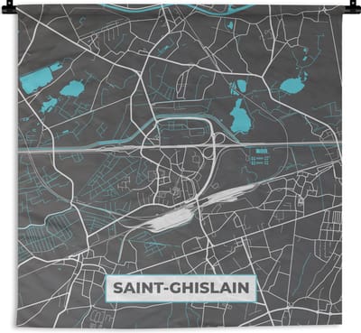 Wandkleed - Wanddoek - Kaart – Plattegrond – Stadskaart – Saint Ghislain – België - Grijs - 180x180 cm - Wandtapijt