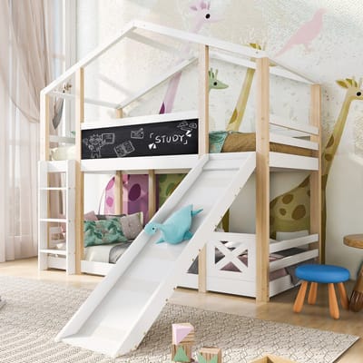 MODFU Kinder hoogslaper 90x200 cm van massief hout/MDF – wit – met glijbaan, ladder, dakframe en krijtbord – speels design