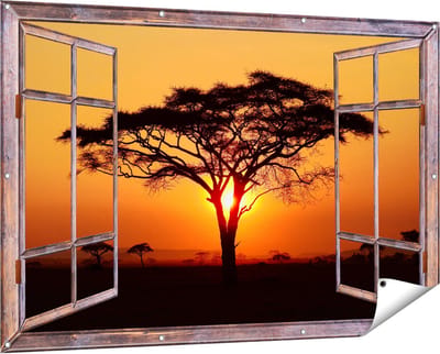Gards Tuinposter Doorkijk Zonsondergang Achter een Savanne Boom - 150x100 cm - Tuindoek - Tuindecoratie - Wanddecoratie buiten - Tuinschilderij