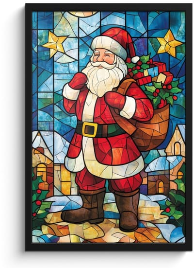 Poster in lijst - Fotolijst 40x60 cm - Posters - Kerstman - Glas - Kleurrijk - Posterlijst zwart - Decoratie - Wanddecoratie woonkamer - Muurdecoratie slaapkamer - Kerstversiering - Kerstdecoratie voor binnen - Kerstmis