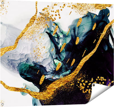 Gards Tuinposter Abstracte Kunst - Zwart Wit met Gouden Strepen - 100x80 cm - Tuindoek - Tuindecoratie - Wanddecoratie buiten - Tuinschilderij