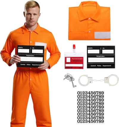 Oranje gevangeniskostuum voor mannen met informatiebord, ID-kaart, handboeien en overall voor Halloween, carnaval en verkleedfeesten