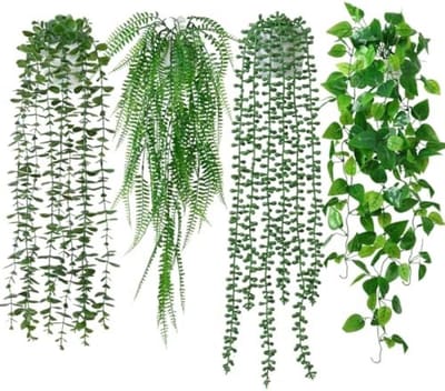 PromoHome Kunstmatige Hangplanten Set 4 Stuks - Nep Hangplanten met Pot voor Binnen - Kunstplanten Eucalyptus, Varen, Pothos en Parelsnoer - Groene Kunstplanten voor Thuis, Kantoor of Tuindecoratie