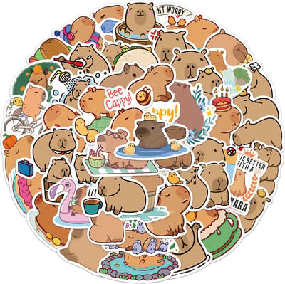 Scoby - Capybara Stickers - 50 Stickers Mix Pack - Laptopstickers - Geschikt voor Fiets, Step, Laptop, Skateboard, Koffer & Helm