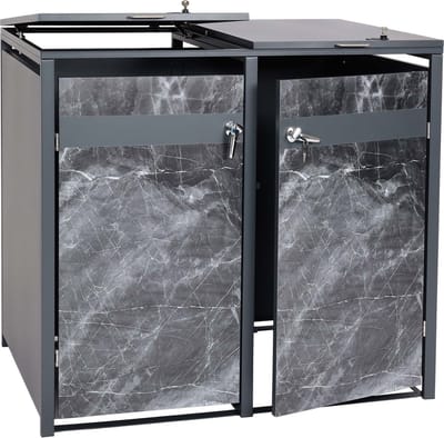 2-bins afvalbak deksel MCW-J82, afvalbak, uitbreidbaar, metaal 50kg, antraciet ~ donker marmer look