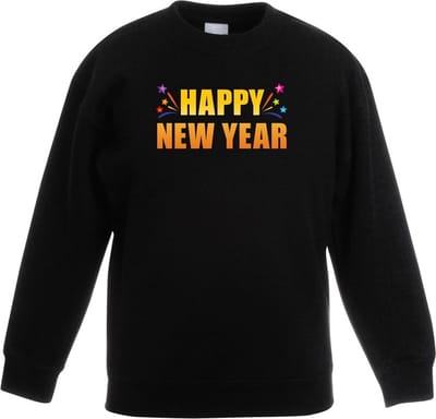 Oud en nieuw sweater/ trui Happy new year zwart heren - Nieuwjaars kleding 98/104