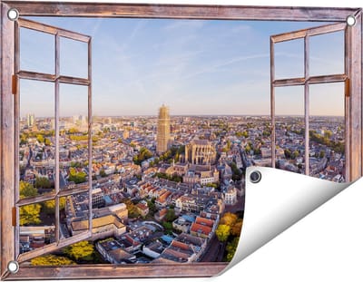 Gards Tuinposter Doorkijk Utrecht vanuit de Lucht - 60x40 cm - Tuindoek - Tuindecoratie - Wanddecoratie buiten - Tuinschilderij