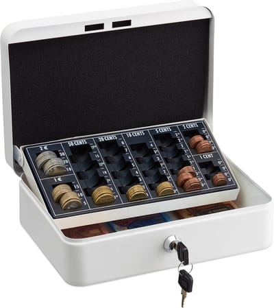 afsluitbaar geldkistje - 2 sleutels - ijzer - met telbord - briefjes & euromunten - 9 x 25 x 18 cm - wit