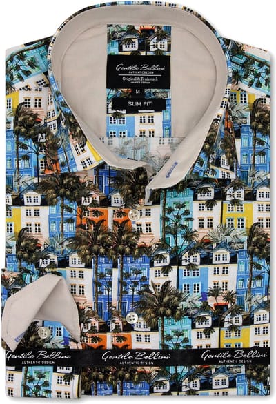 Overhemd Heren Volwassenen - Slim Fit Overhemd Heren - All-over Print - Heren Blouse met Lange Mouwen - Blauw