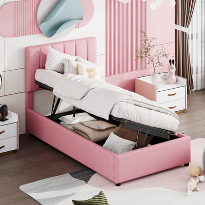 Sweiko Kinderbed 90x200 cm, Hydraulisch opbergbed, Huidvriendelijk linnen loft bed, Roze (zonder matras)