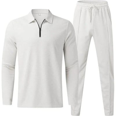 Heren Casual Lange Mouw Poloshirt+Sweatpants Pak Sets Effen Heren V-hals Sweatshirt Kledingsets 2 STUKS Herenkleding XXXL wit
