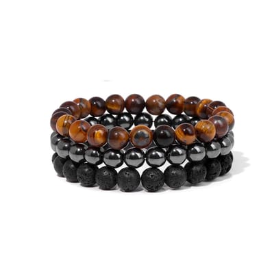 Bixorp Gems Tijgeroog + Hematiet + Lavasteen Edelstenen Armbanden Set - Edelsteen Kralenarmband