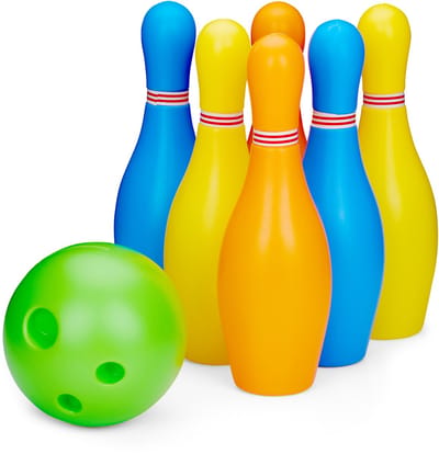 Eddy Toys Bowling Set 19,5 cm - Bowling Set voor Kinderen Binnen en Buiten - Kegelspel met 6 Kegels en 1 Bal - Speelgoedset met Draagrek - Kunststof - Kleurrijk