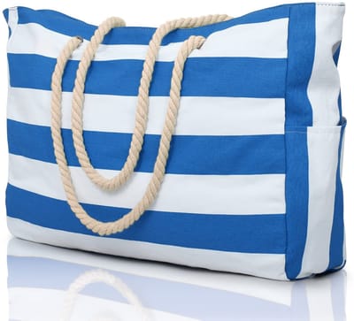 Geweo strandtas met rits - schoudertas - Grote beachbag - Gestreep - Waterafstotend Materiaal - Blauw