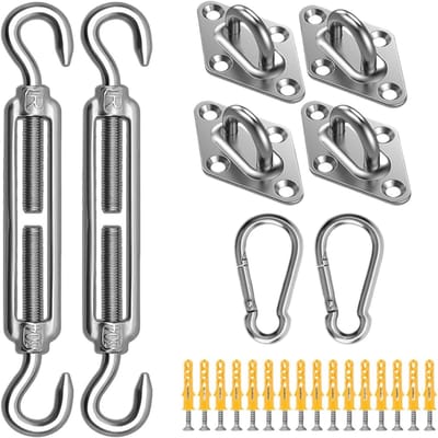Bevestigingsset Schaduwdoek - 304 Roestvrij - Luifel Attachment Set - Verstelbare Spanners en Oogplaten - voor Vierkant en Driehoekig Zonnezeil Tuinterras - Duurzaam Sorteersysteem Bevestigingsmateriaal - Model Universeel - Zilver