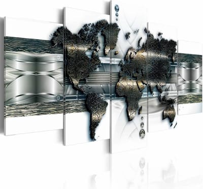 Schilderij - Metalen wereld kaart , Zilver metaal look , 5 luik