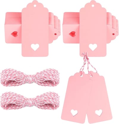 Roze Cadeaulabels met Hart, 100 Stuks Lege Papieren Labels met Touw, 4.5cm x 9.5cm Grote Cadeautags voor Trouwen, Feestjes en Verjaardagen, 300gsm