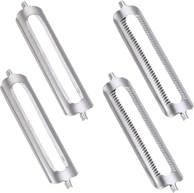 Set van 4 Vervangende RVS Schilmesjes voor Keuken - 56mm Piranha Schiller met 2 Platte en 2 Getande Randen - Duurzaam Universeel Geschikt voor Fruit en Groenten