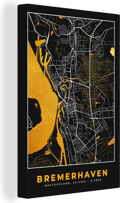 Canvas Schilderij Bremerhaven - Goud - Stadskaart - Plattegrond - Kaart - Duitsland - 20x30 cm - Wanddecoratie
