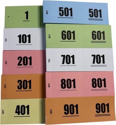1000 Garderobenummers - gemixte kleuren - Nummerblok - lootjes - 10 blokjes