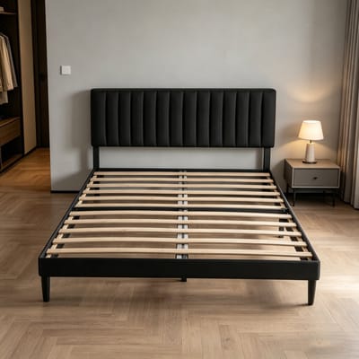 KUTAS heavy duty metalen bedframe - Gestoffeerd bedframe - 140x190 CM - Zwart - Bedplaats Met Plat Noedelsframe en Verstelbaar Hoofdbord - Draagkracht 480 kg