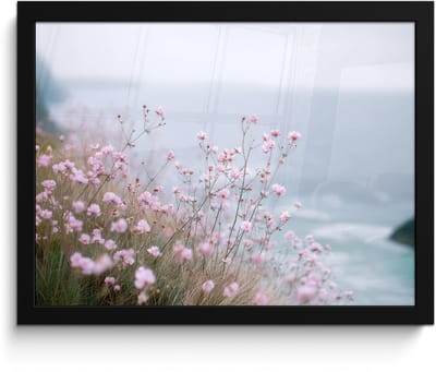 Poster in lijst - Fotolijst 40x30 cm - Posters - Klif - Bloemen - Zee - Roze - Posterlijst zwart - Decoratie - Wanddecoratie woonkamer - Muurdecoratie slaapkamer