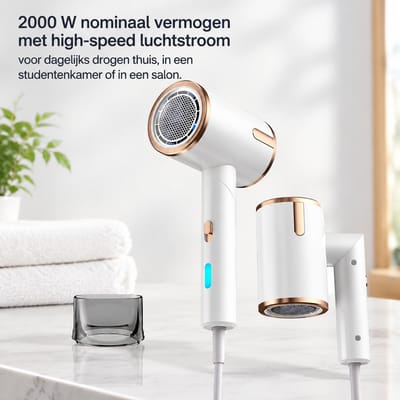 Haardroger - 2000 W wit - koude en warme lucht, negatieve ionen en 3 snelheden - voor thuis, studentenkamer en salon - met enkele concentratormond