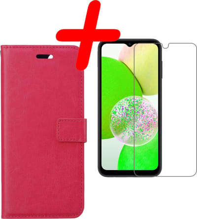 Hoesje Met Screenprotector - Geschikt voor Samsung Galaxy A14 - Luxe Pasjeshouder - Bookcase Portemonee - Flip Case - Kunstleer Book Case - Flipcase - Book Cover - Walletcase - Portemonneehoes - Donkerroze