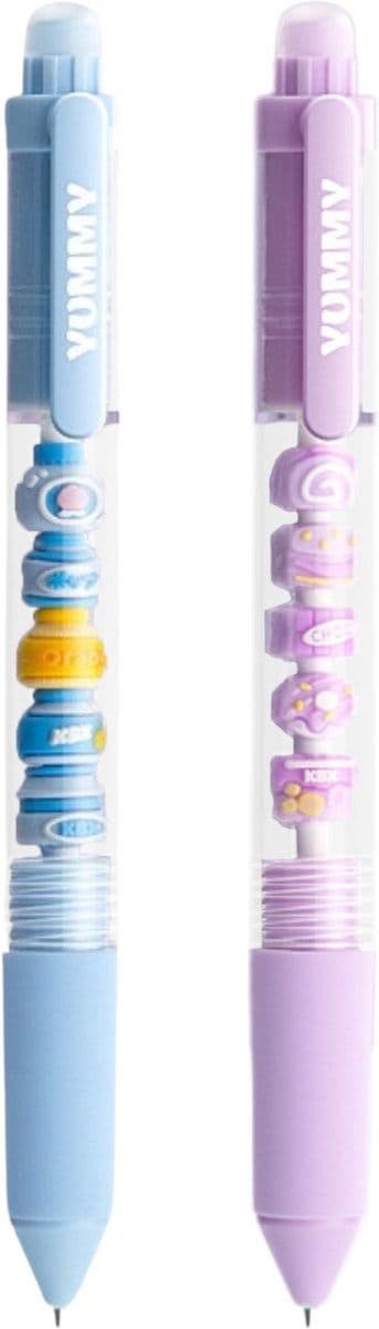 Ainy - Speelse Uitwisbare Pen set 2 stuks Blauw & Paars | Speelse design uitgumbare pennen voor etui of pennenzak | ideale teken balpennen cadeauset voor kinderen en volwassenen