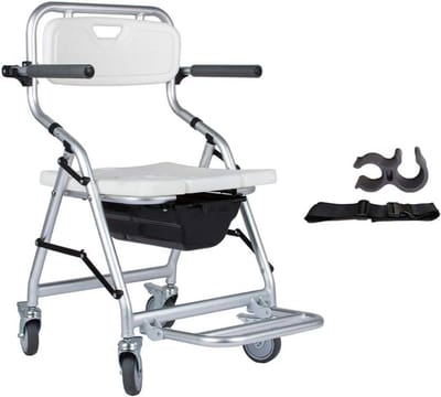 Douchestoel met wielen - Transportstoel badkamer - Ondersteuning bij verzorging - Opvouwbaar en remmen - 41 cm breed - Grijs