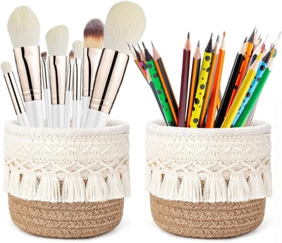 Set van 2 Make-up Borstelhouders, Mini Gevlochten Mand, 10 x 10 cm, Organiser voor Cosmetica, Boho Stijl Opbergdoos voor Make-up Penselen, Potloden en Accessoires