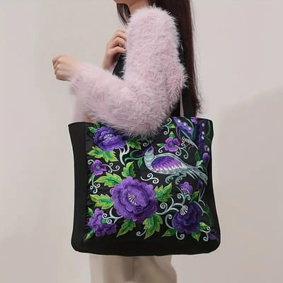 Canvas draagtas met bloemborduurwerk, schoudertas in etnische stijl, handtas met grote capaciteit voor dames gray