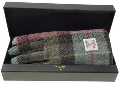 Dames Handschoenen Gedempt Groen en Paars met bruin leer - Harris Tweed - Glen Appin of Scotland
