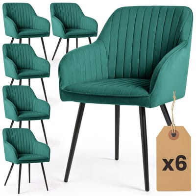 Set van 6 Eetkamerstoelen FLORENCE met Armleuningen / Gestoffeerde Stoelen / Fluwelen Stoelen en Metalen Poten / Flesgroen met zwarte benen