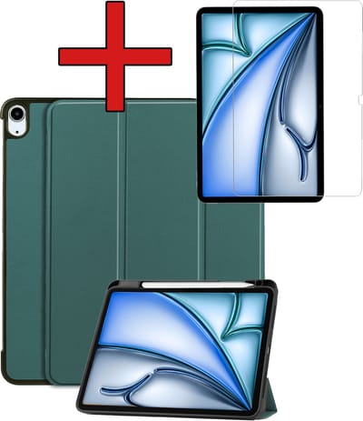 Hoesje - Geschikt voor Apple iPad Air (2024/2025/2026) - 11 inch - Met Screenprotector - Trifold Bookcase Hoes - Hard Cover Case - Met Uitsparing Geschikt voor Apple Pencil - Hardcover Book - Tablethoes - Donkergroen
