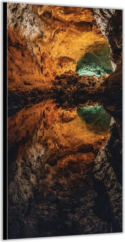 Dibond –Grot met Weerspiegeling in Water– 100x200cm Foto op Aluminium (Wanddecoratie van metaal)