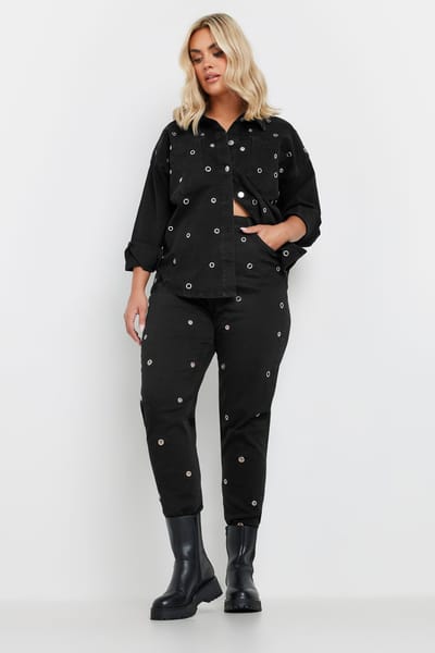 Yours Mom Jeans Met Hoge Taille En Eyelet Detail In Zwart Size 42